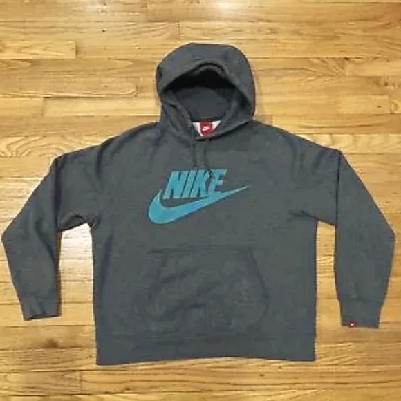 Nike Hoodie Mens XL Long Teal/Aqua Graphic Swoosh Heathered Gray Vintage 90s